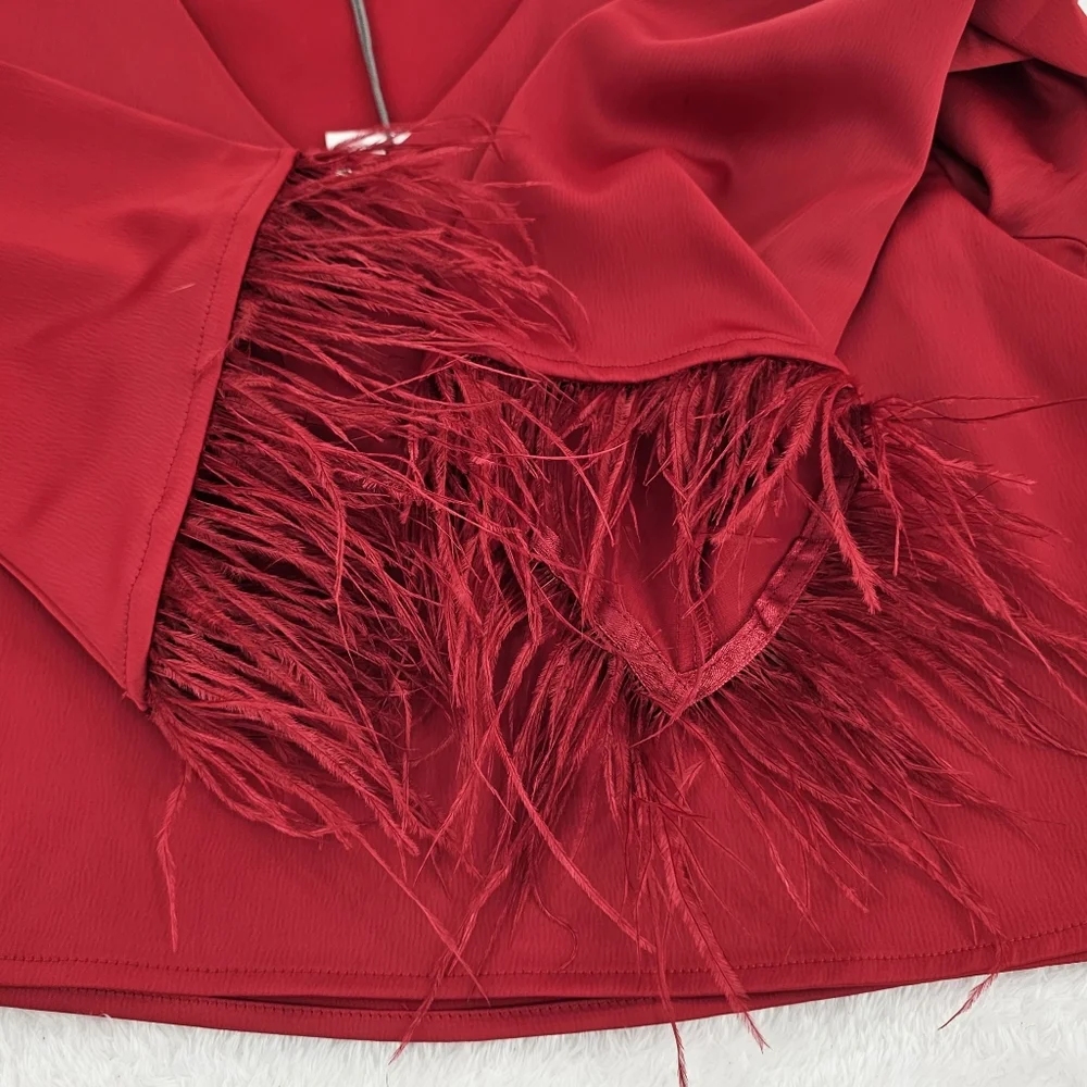 WAYF Red  Long Sleeved Feather-Trim Cropped Satin V-Neck Top Womens Size Small - Picture 6 of 11